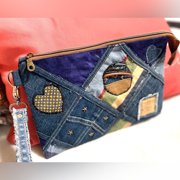 Bohemian Unique One-of-a-Kind Denim Patchwork Clutch Wristlet bag - Picture 8 of 16